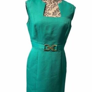 Tahari Green Sheath Midi Dress Mock Neck Sleeveless